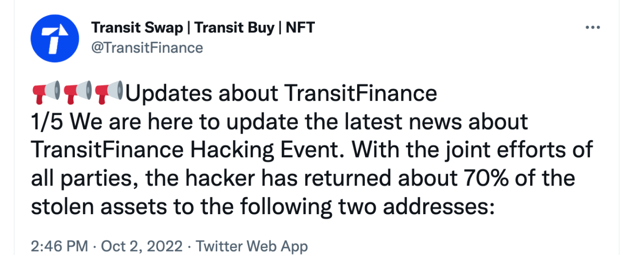 Bybit: NFT Sees Greater Interest Despite Recent Plummets; Hacker Returns Stolen Funds From Transit Swap Exploit 2