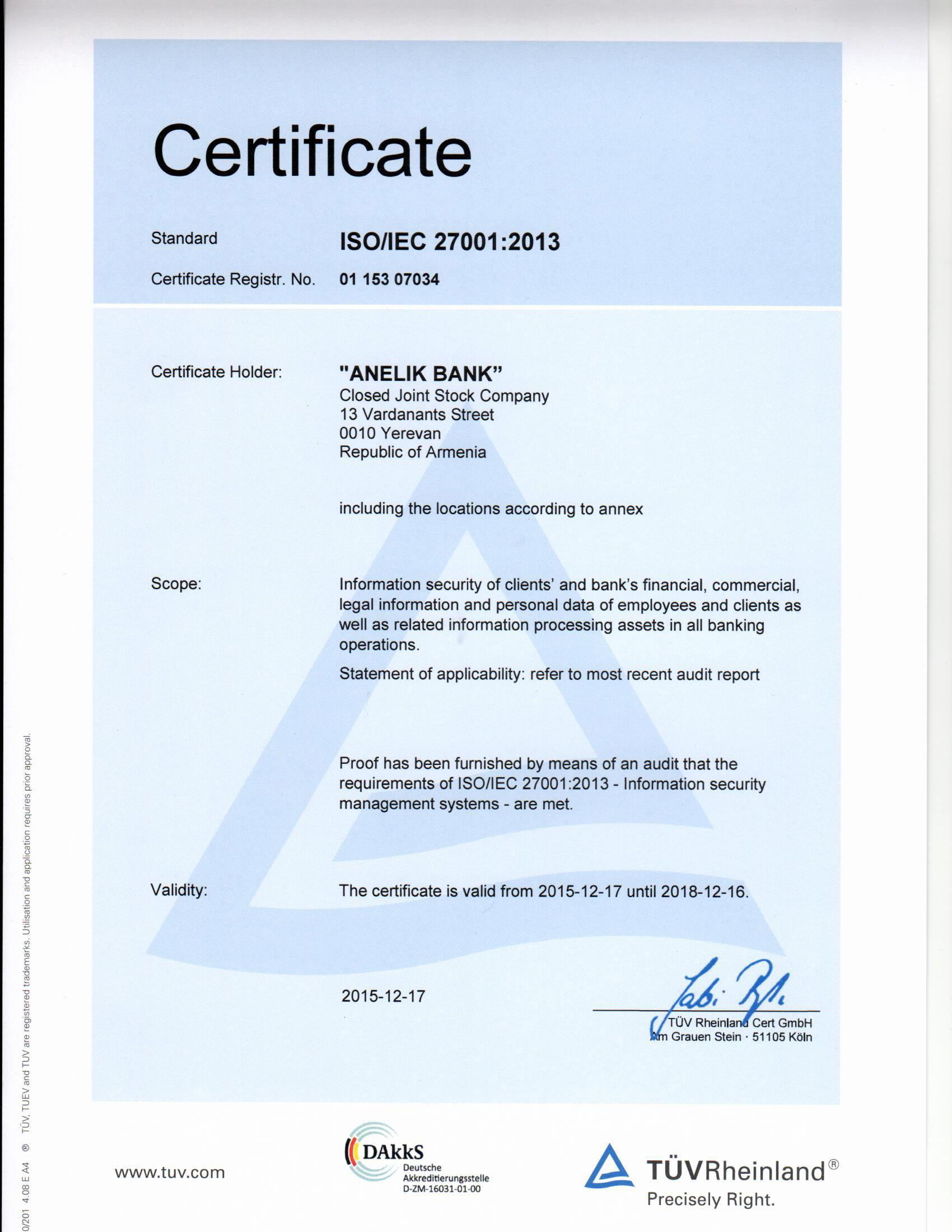 Անելիք Բանկն արժանացել է ISO/IEC 27001:2013 միջազգային ստանդարտի համապատասխանության հավաստագրի