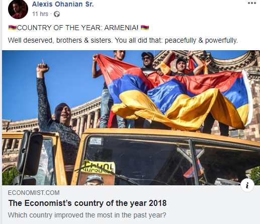 Ալեքսիս Օհանյանի շնորհավորանքը՝ Հայաստանը տարվա երկիր ճանաչվելու առթիվ
