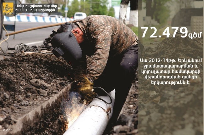 «Օրվա փաստը». 2012-2014թթ. Երևանում ջրամատակարարման և կոյուղատար համակարգի վերանորոգված ցանցի երկարությունը 72 479 գծմ է