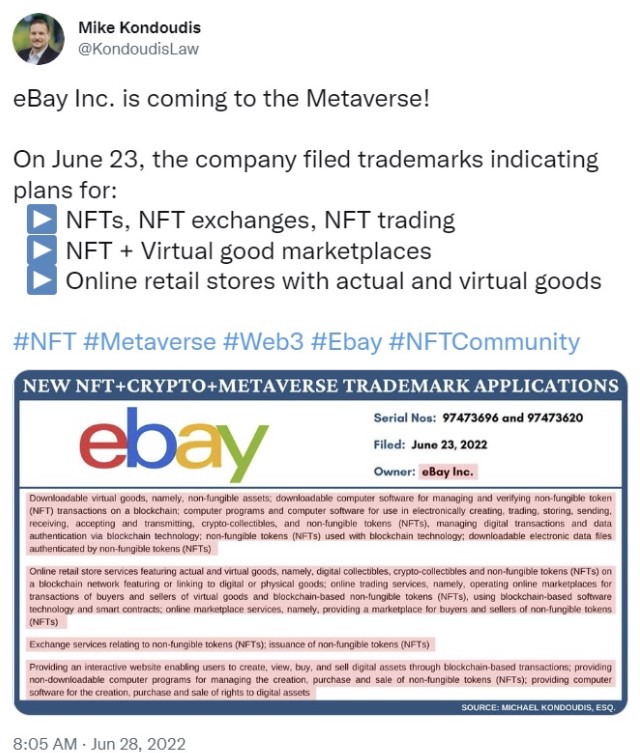 Ebay-ը հայտագրում է ապրանքանիշեր, որոնք ներառում են Metaverse, NFT ծառայություններ