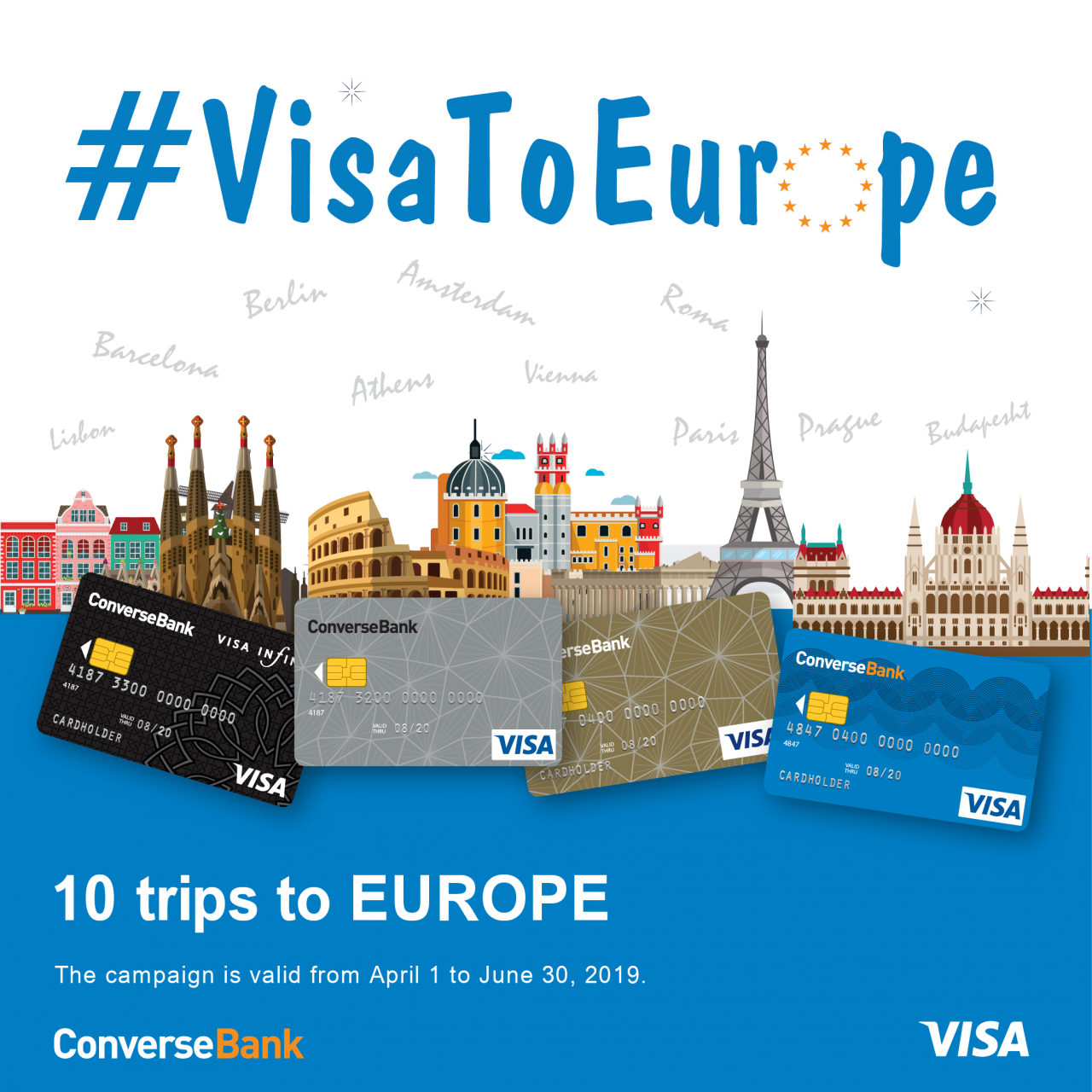 10 поездок в Европу в рамках акции  #VisaToEurope Конверс банка